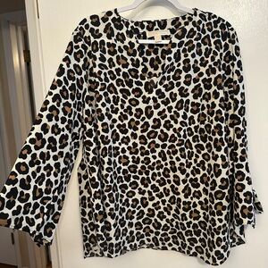 Michael Kors Women’s Size 2X Black and Tan Leopard Blouse with Flutter Sleeves